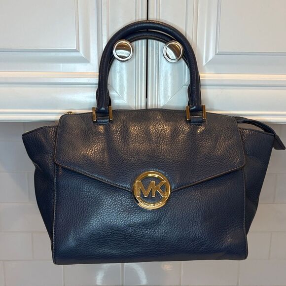 Michael Kors Navy Hudson Medallion Flap Satchel - Picture 2 of 16